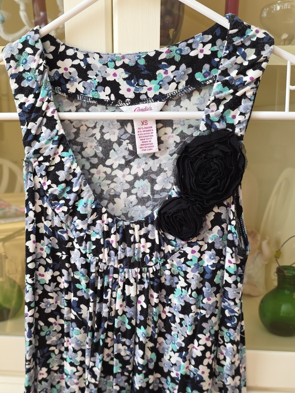 Candie's Black Floral Scoop Neck Dress with Rosette Accents